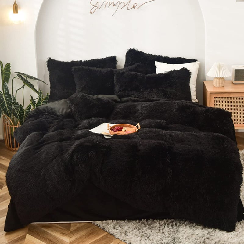 MorroMorn 5 PCS Shaggy Duvet Cover Bedding Set - Fluffy Comforter Cover Long Faux Fur Luxury Ultra Soft Cozy (Black, Full/Queen) - Image 1